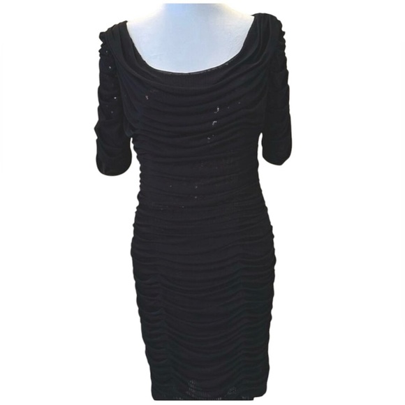 ALEX EVENINGS- Dress - Shimmering Rose Sequin Covered Ruches Black Chiffon SZ 6 - Picture 1 of 6